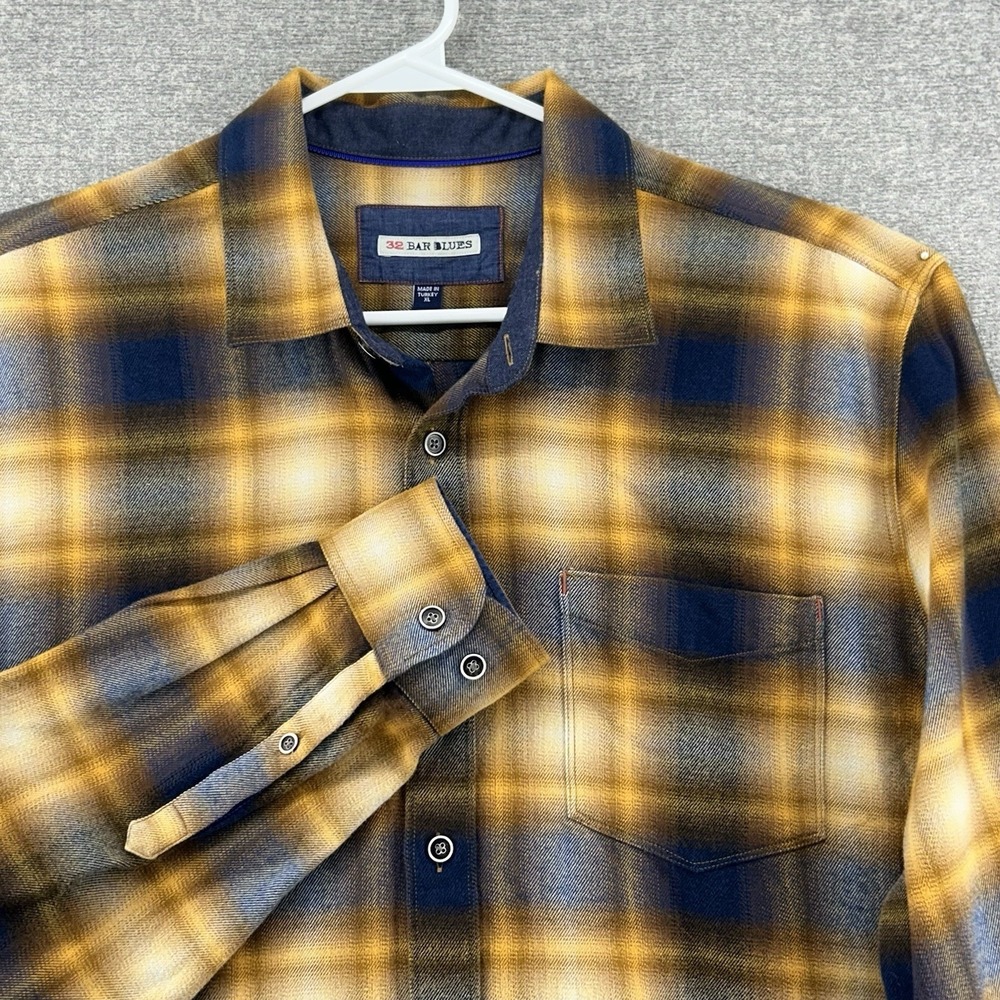32 Bar Blues Flannel Shirt Men Size XL Gray Yellow Plaid Long Sleeve Button Up